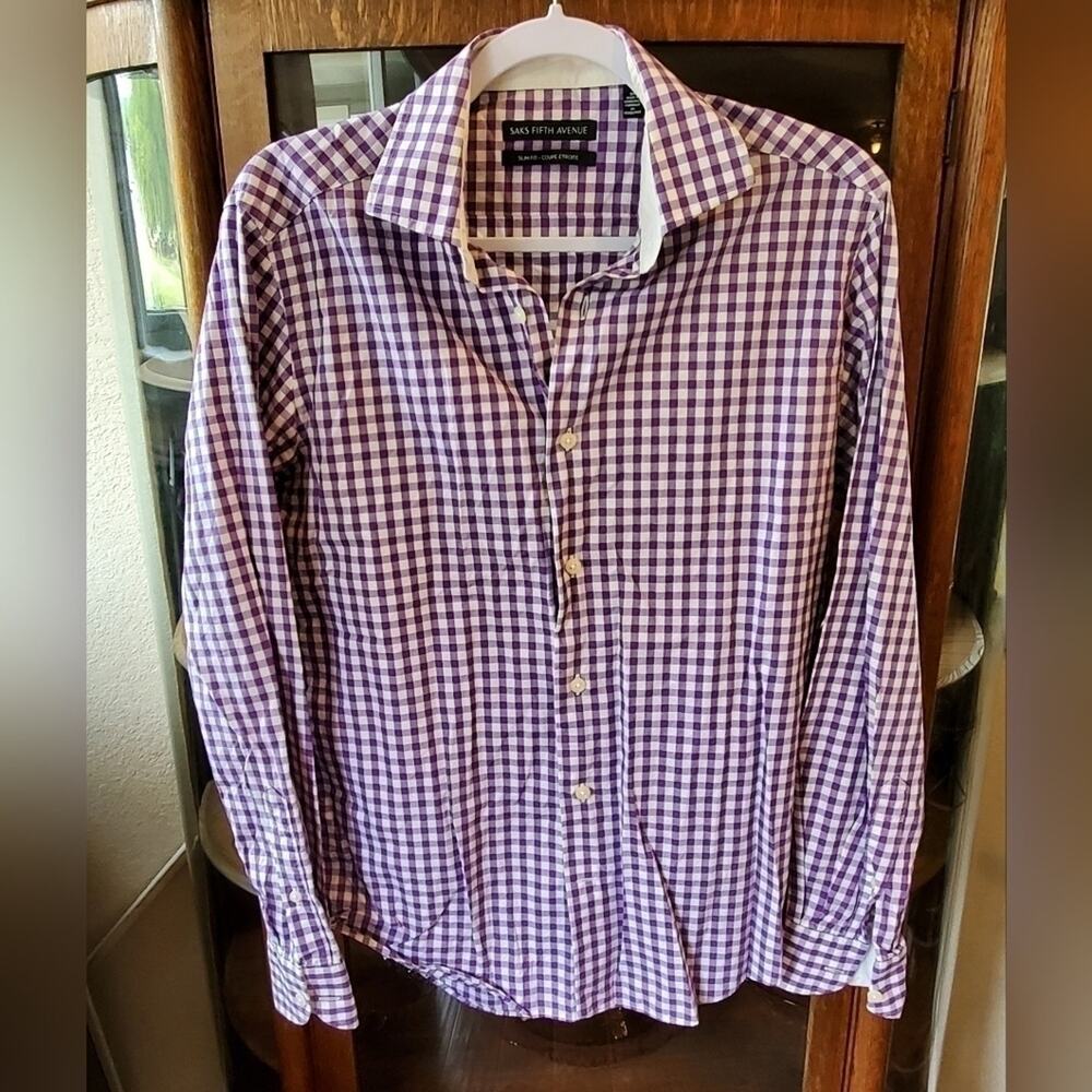 Saks Fifth Avenue slim fit purple and white plaid Men's Small button down shirt